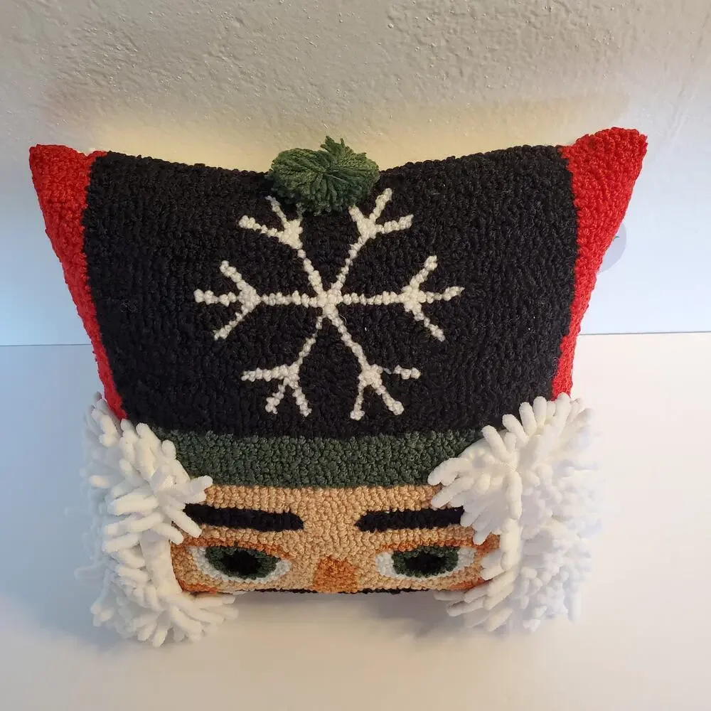 Nutcracker Pillow Christmas Peking Handicraft 3D Holiday Hand Hooked 14x14 New